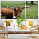 Longhorn Steer Canvas Wall Art – Rustic Nature Triptych
