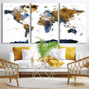 Modern Abstract World Map Canvas Wall Art – Framed Blue and