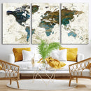 Vintage World Map Wall Art Canvas Print, Framed Rustic Earth