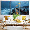 Stormy Night at Beach Pier Oil Painting Large Wall Art