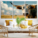 Longhorn in the Prairie - Stunning Ranch-Style Triptych Wall