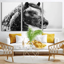 Winter Horse Canvas Print | Large 3-Panel Black White Equine