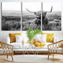 Scottish Highland Cow Wall Art | Black and White Canvas