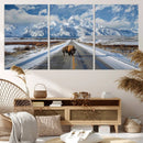 Bison Wall Art - Snowy Road Wall Art – Framed Mountain by MyGreatCanvas | Canvas Wall Art Prints | Photo Prints & Wall Decor