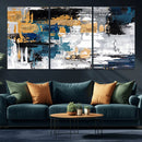 Blue and Gold Abstract Canvas Wall Art – Triptych Modern