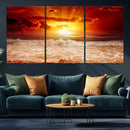 Red Sunset Ocean Beach Canvas Wall Art Beach Canvas, Coastal