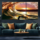 Golden Wave Sunset Triptych Canvas Art, Giclee Canvas Print