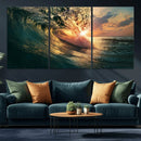 Ocean Wave Sunset Canvas Wall Art – Triptych Seascape Print