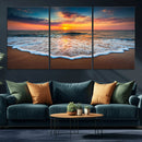 Sunset Beach Canvas Wall Art – Colorful Ocean Waves Triptych