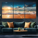 Golden Sunset Beach Triptych Canvas Art, Giclee Coastal Wall