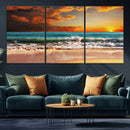 Golden Sunset Beach Canvas Wall Art – Triptych Seascape
