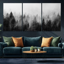 Foggy Black and White Forest Canvas Wall Art, 3 Panel Misty