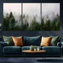 Misty Pine Forest Wall Art Canvas Print | 3 Panel Green
