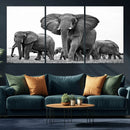Black White Elephant Family Wall Art Canvas Print