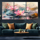 Lotus Flower Wall Art | 3-Panel Giclee Canvas Print of Pink