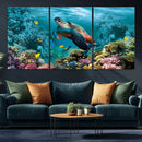 Sea Turtle and Coral Reef Triptych Wall Art – Vibrant