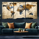 World Map Wall Art – Antique Style Blue and Brown Map Canvas
