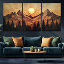 Wood Style Abstract Mountain Sunset Canvas Wall Art Print -