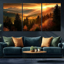 Golden Sunset Over Mountain Forest Canvas Wall Art Print -