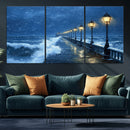 Stormy Ocean Pier Lights Canvas Wall Art Print - Large Moody by MyGreatCanvas | Canvas Wall Art Prints | Photo Prints & Wall Decor