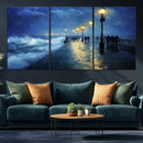 Storm Ocean Pier Canvas Wall Art Print - Large Moody Night