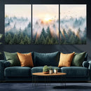 Misty Pine Forest Wall Art Canvas, Sunrise Over Foggy Trees