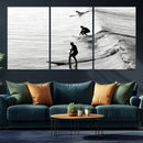 Surfers on Waves Wall Art Canvas Print – Framed Black and
