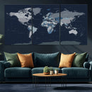 Blue Detailed World Map Wall Art Canvas Print, Modern Framed