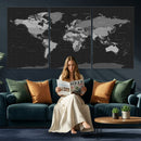 Black World Map Wall Art Canvas Print – Detailed Map of the