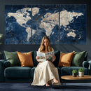 Large Blue World Map Wall Art Canvas Print for Home Office