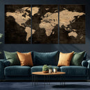 Brown World Map Canvas Print – Modern Travel Map Wall Art,