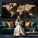 Brown World Map Canvas Print – Modern Travel Map Wall Art,