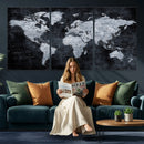 Black World Map Canvas Print – Detailed Map for Couples and