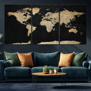 Beige World Map Canvas Wall Art Print, Minimal Black and