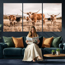 Texas Longhorn Cattle Wall Art Canvas Print, Sepia Western