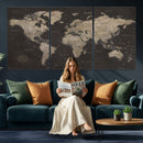 World Map Canvas Wall Art Dark Charcoal Antique Tan Detailed