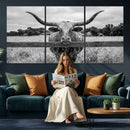 Black White Texas Longhorn Bull Canvas Wall Art, Western Ranch Cattle Photography Print, Rustic Farmhouse Cowboy Decor Artwork by MyGreatCanvas | Canvas Wall Art Prints | Photo Prints & Wall Decor