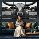 Black White Texas Longhorn Bull Canvas Wall Art, Western Ranch Cattle Photography Print, Rustic Farmhouse Cowboy Decor Artwork