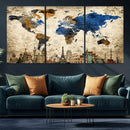 World Map Canvas Print – Vintage Blue and Gold World Map