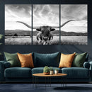 Longhorn Black and White Wall Art – Rustic Western Bull
