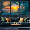 Ocean Wave Sunset Wall Art | Large Coastal Wave Canvas Print