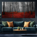 Red Forest Floor Canvas Wall Art – Mystical Foggy Woodland