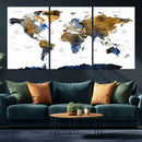 Modern Abstract World Map Canvas Wall Art – Framed Blue and