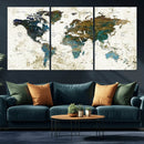 Vintage World Map Wall Art Canvas Print, Framed Rustic Earth
