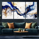 Golden Cascades on Midnight Blue – Deep Blue Abstract Wall