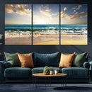 Golden Sunset Beach Triptych Canvas Wall Art for Living Room