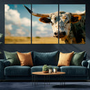 Longhorn in the Prairie - Stunning Ranch-Style Triptych Wall