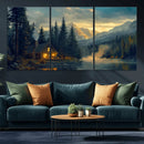Mountain Cabin by the Lake at Sunset Wall Art - Serene