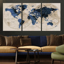 Vintage Blue World Map Canvas Wall Art – Antique Style