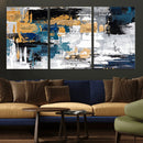 Blue and Gold Abstract Canvas Wall Art – Triptych Modern